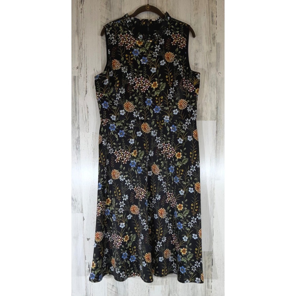 Maggy London Floral Satin Midi Dress Size 14 Black Ruffle Sleeveless Flaws READ